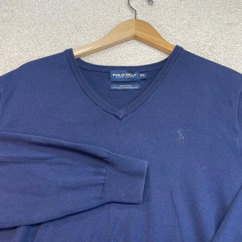 Polo Ralph Lauren Sweater Mens L Blue V-Neck Golf Bloomfield Hills Cotton Knit